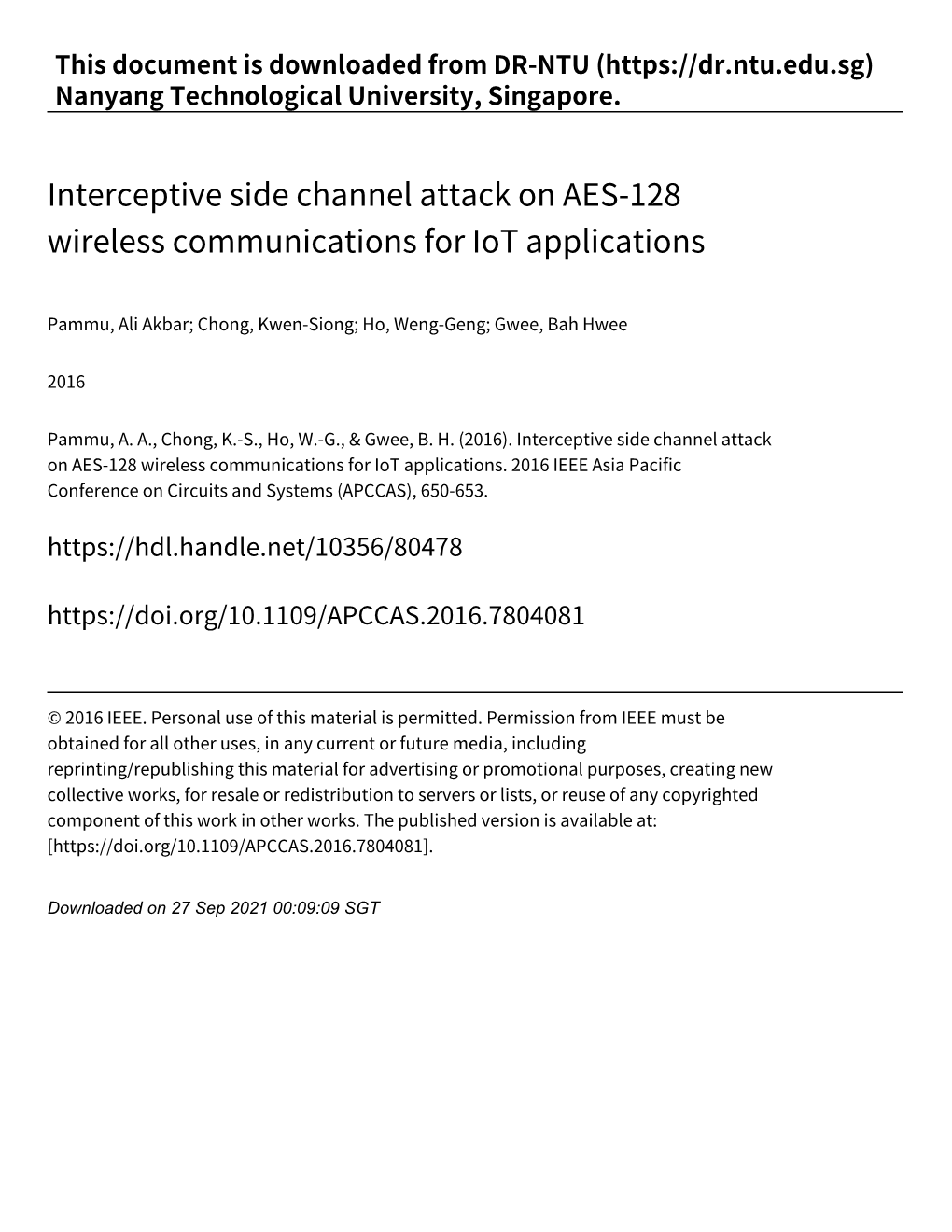 Interceptive Side Channel Attack on AES‑128 Wireless Communications for Iot Applications