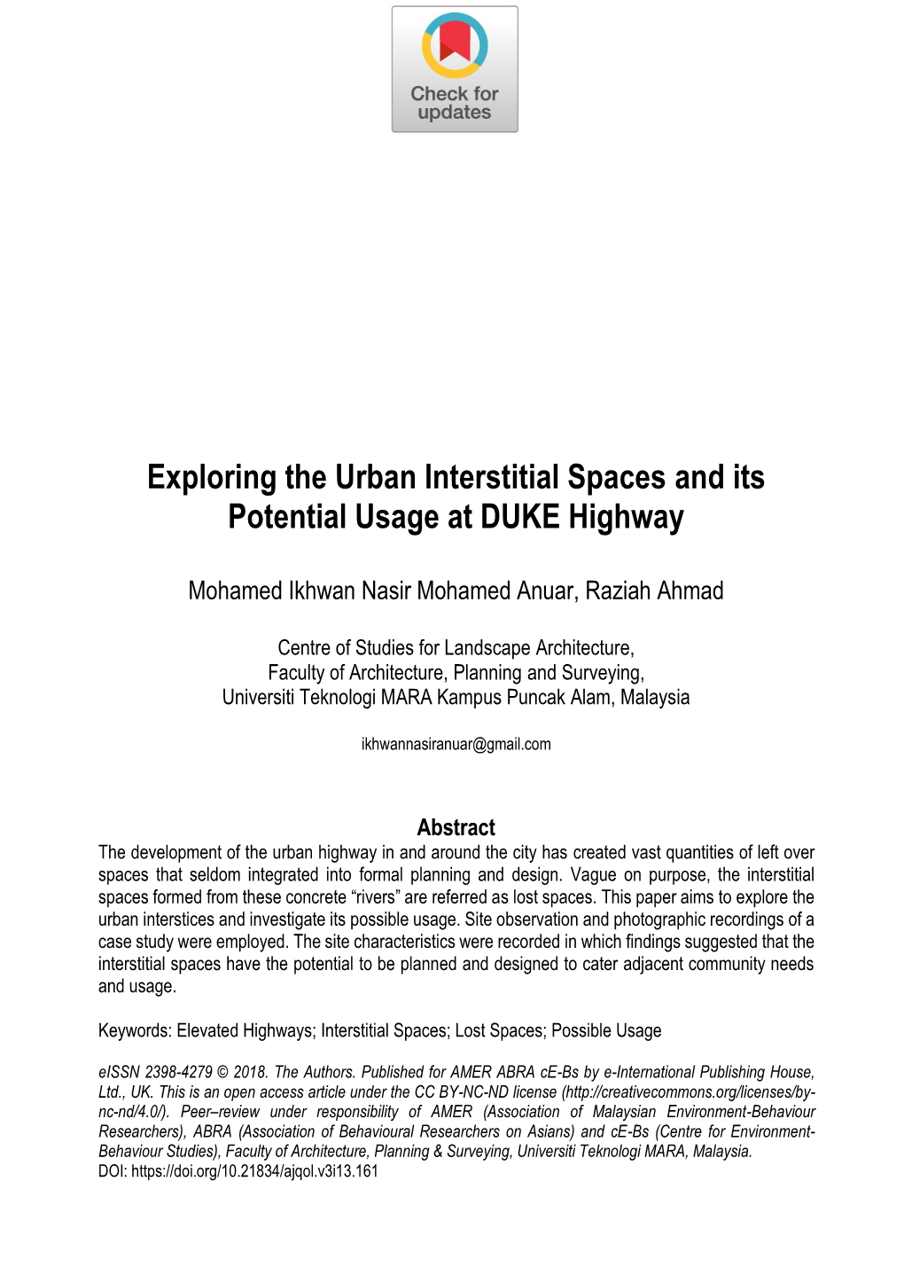 Exploring the Urban Interstitial Spaces and Its Potential Usage at DUKE Highway