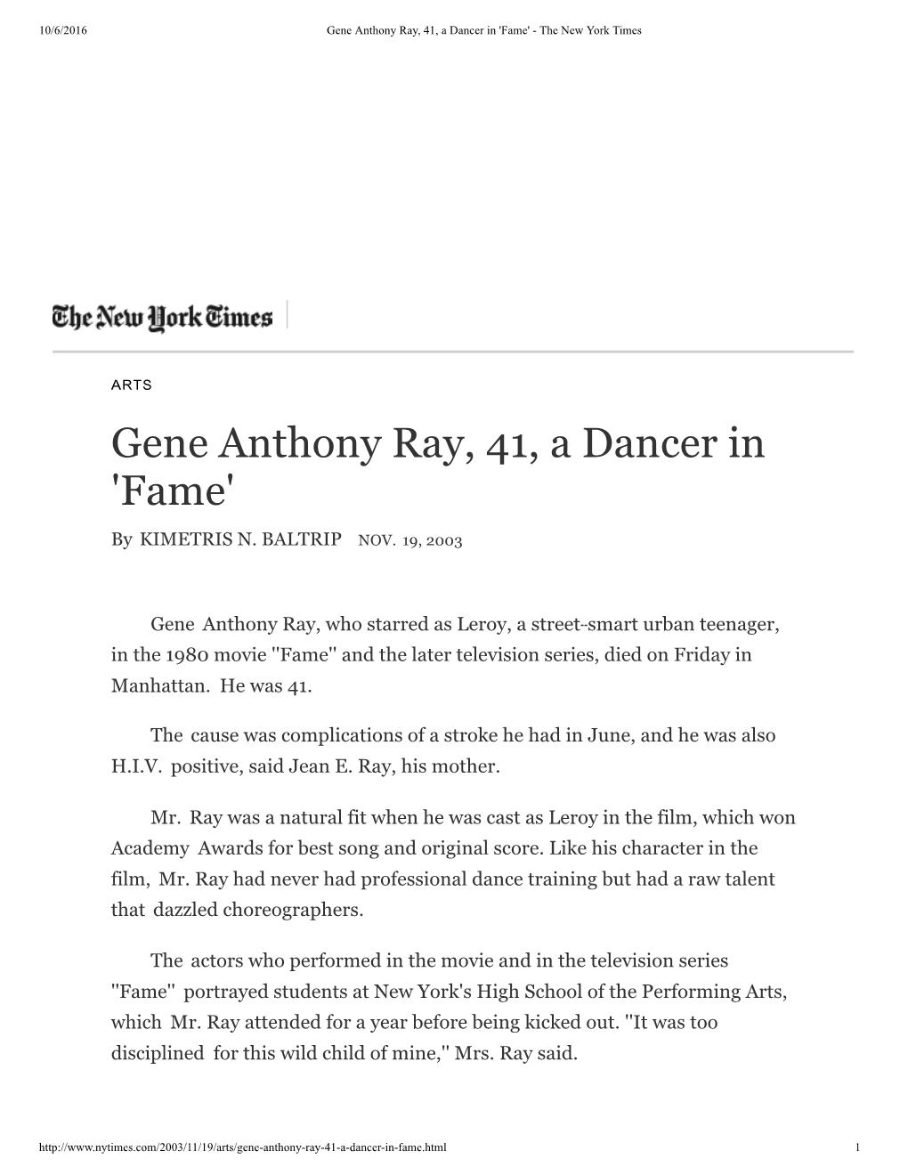 Gene Anthony Ray, 41, a Dancer in 'Fame' - the New York Times