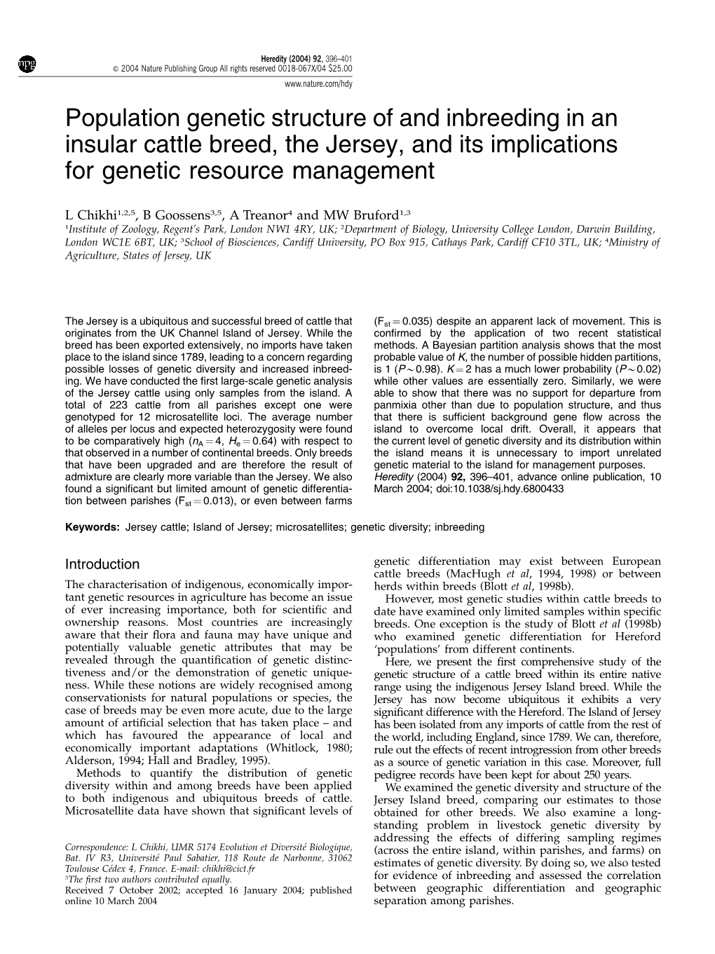 Population Genetic Structure of and Inbreeding in an Insular Cattle Breed, the Jersey, and Its Implications for Genetic Resource Management