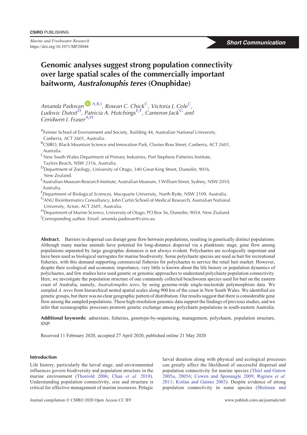 Genomic Analyses Suggest Strong Population Connectivity Over Large Spatial Scales of the Commercially Important Baitworm, Australonuphis Teres (Onuphidae)