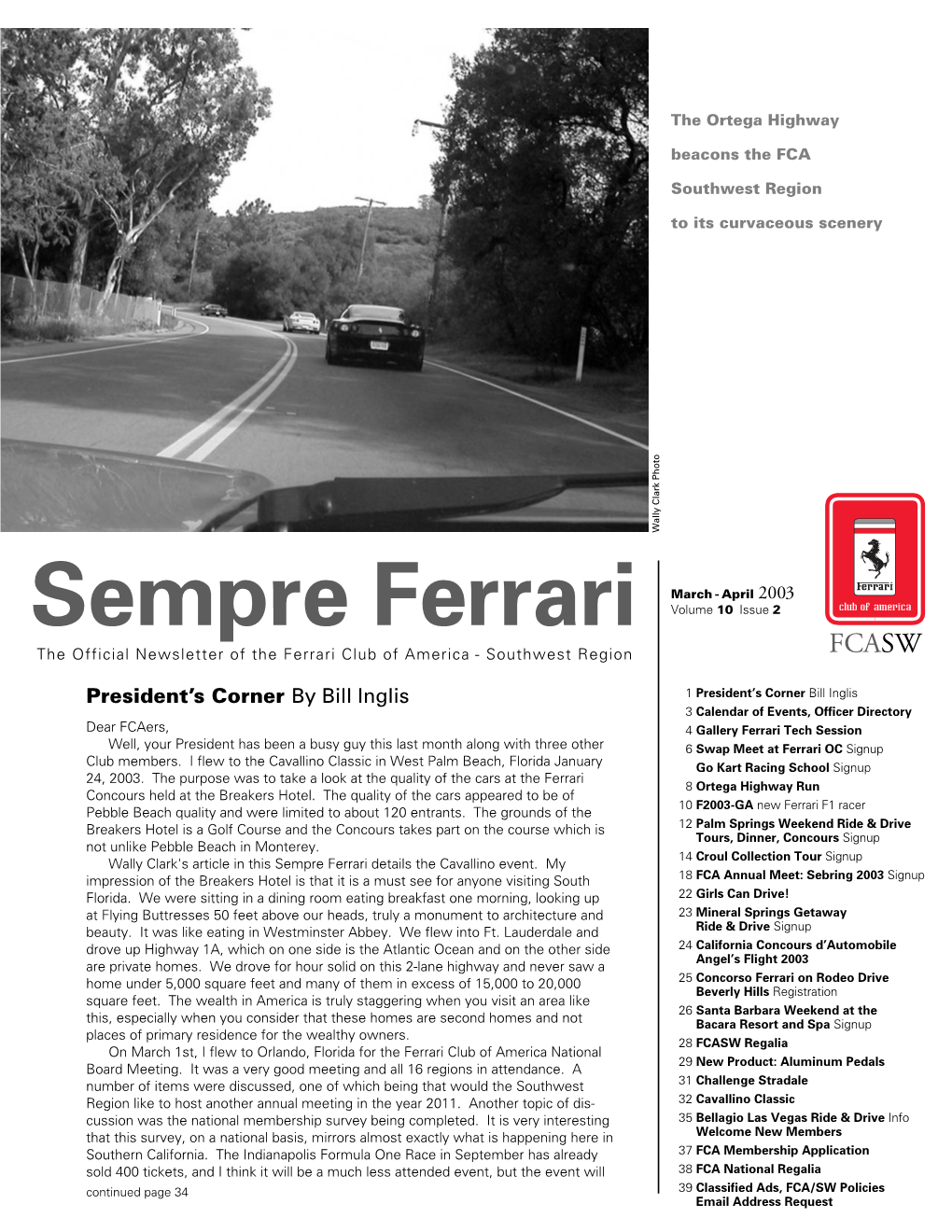 Sempre Ferrari Volume 10 Issue 2 the Official Newsletter of the Ferrari Club of America - Southwest Region FCASW