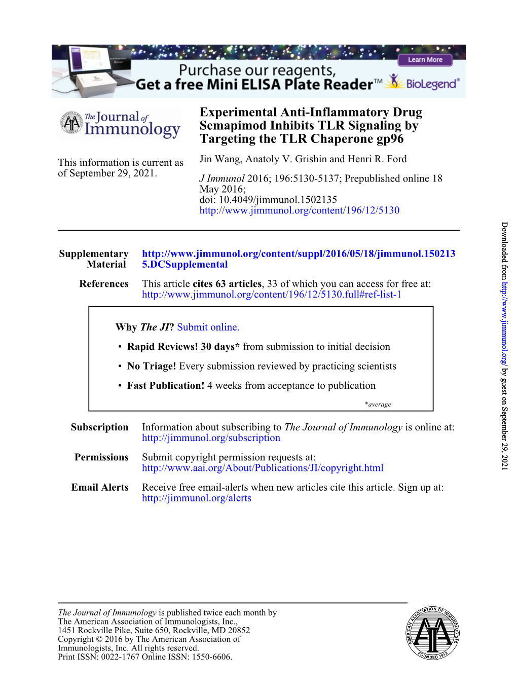 Experimental Anti-Inflammatory Drug Semapimod Inhibits TLR Signaling by Targeting the TLR Chaperone Gp96