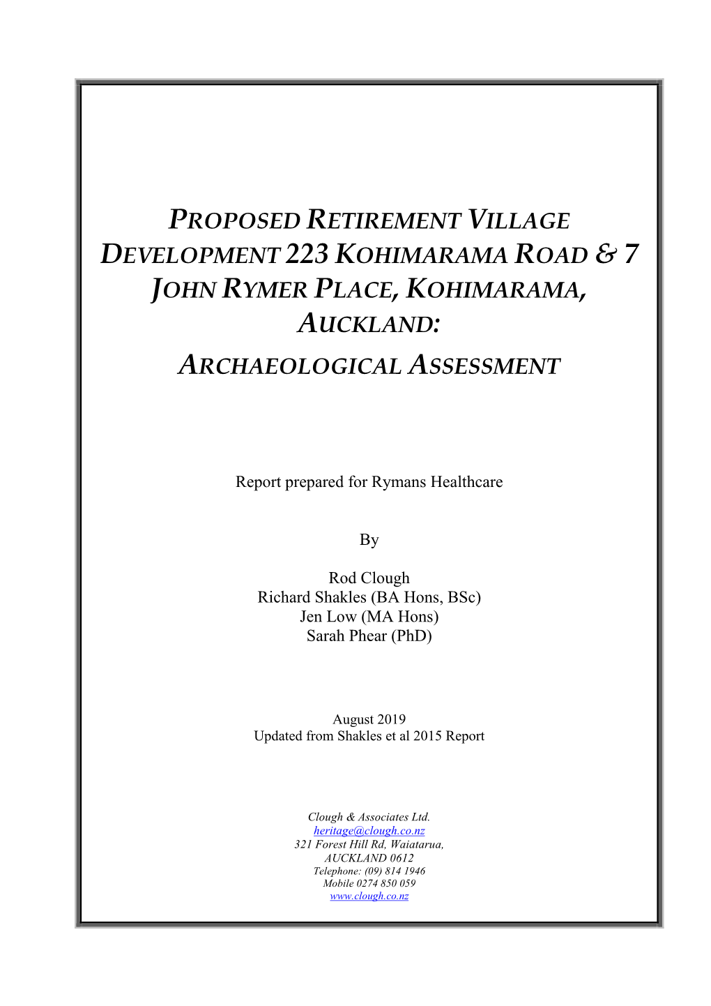 Proposed Retirement Village Development 223 Kohimarama Road & 7 John Rymer Place, Kohimarama, Auckland: Archaeological Assessment