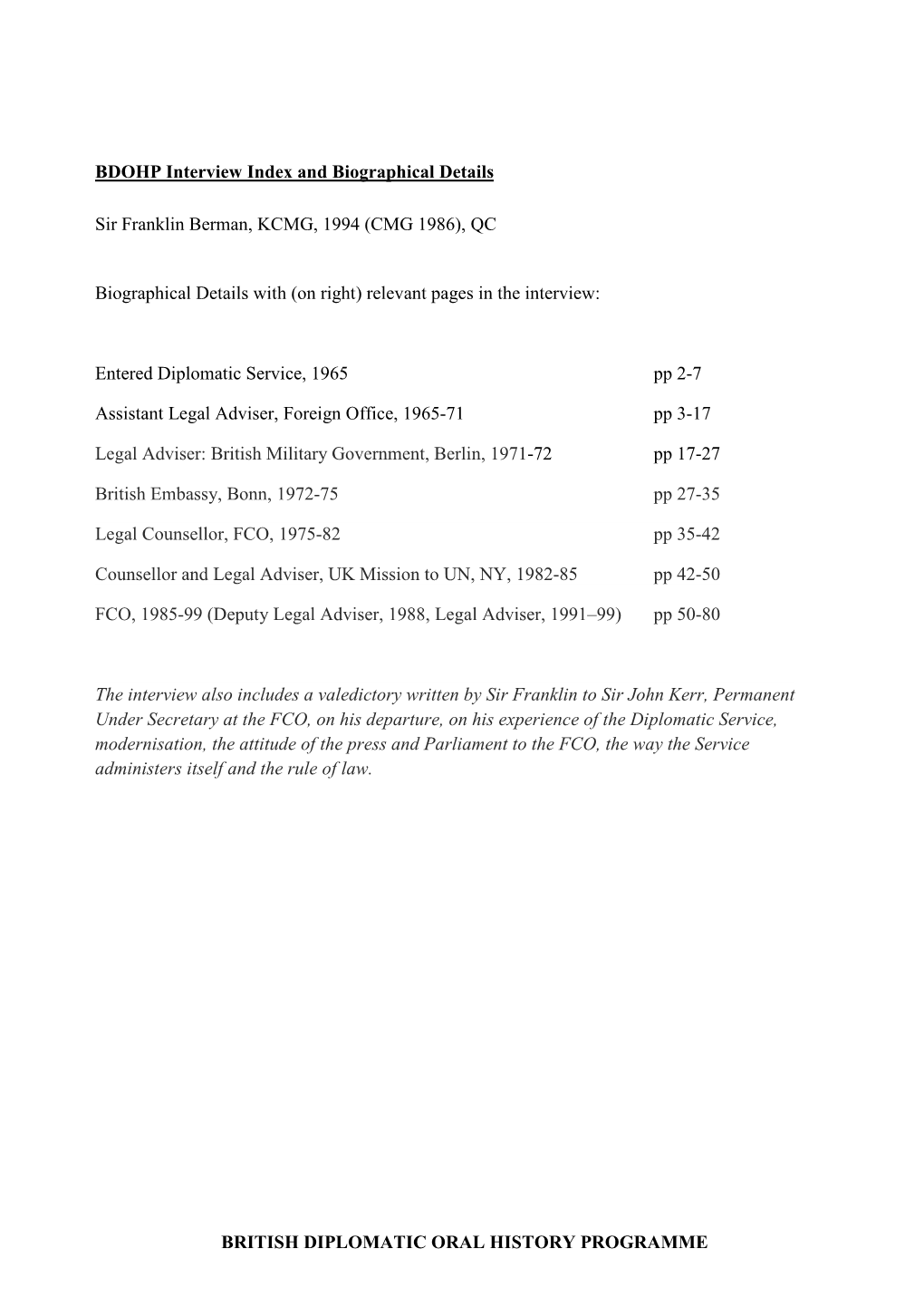 BDOHP Interview Index and Biographical Details Sir Franklin