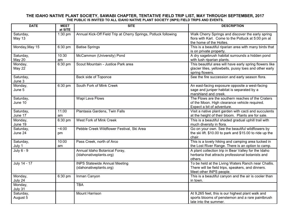 The Public Is Invited to All Idaho Native Plant Society (Inps) Field Trips and Events