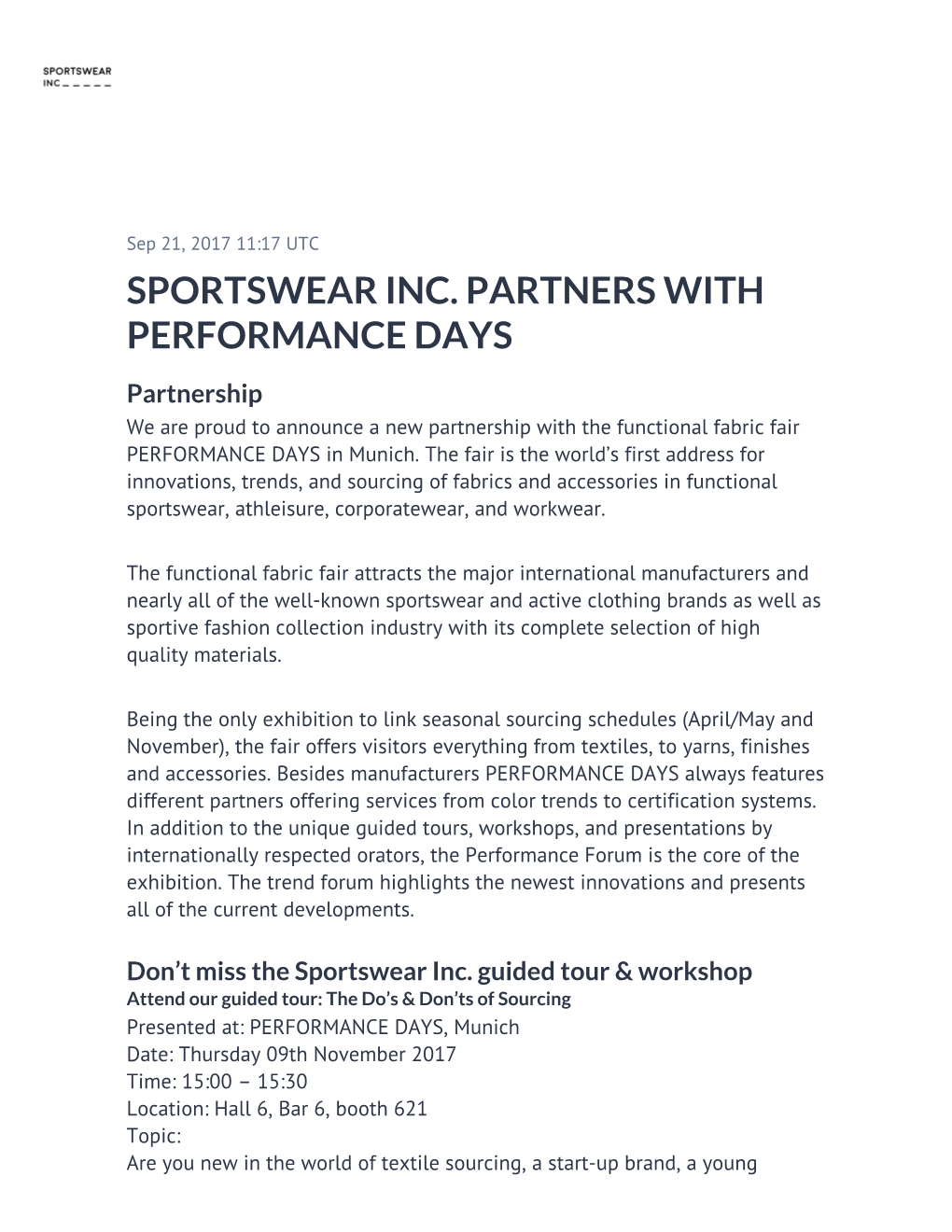 Sportswear Inc. Partners with Performance Days