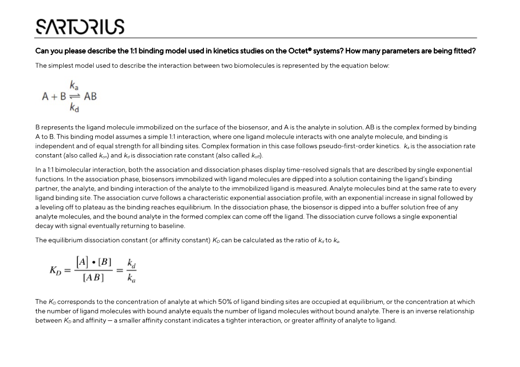 1:1 Binding Model for Kinetics Characterization