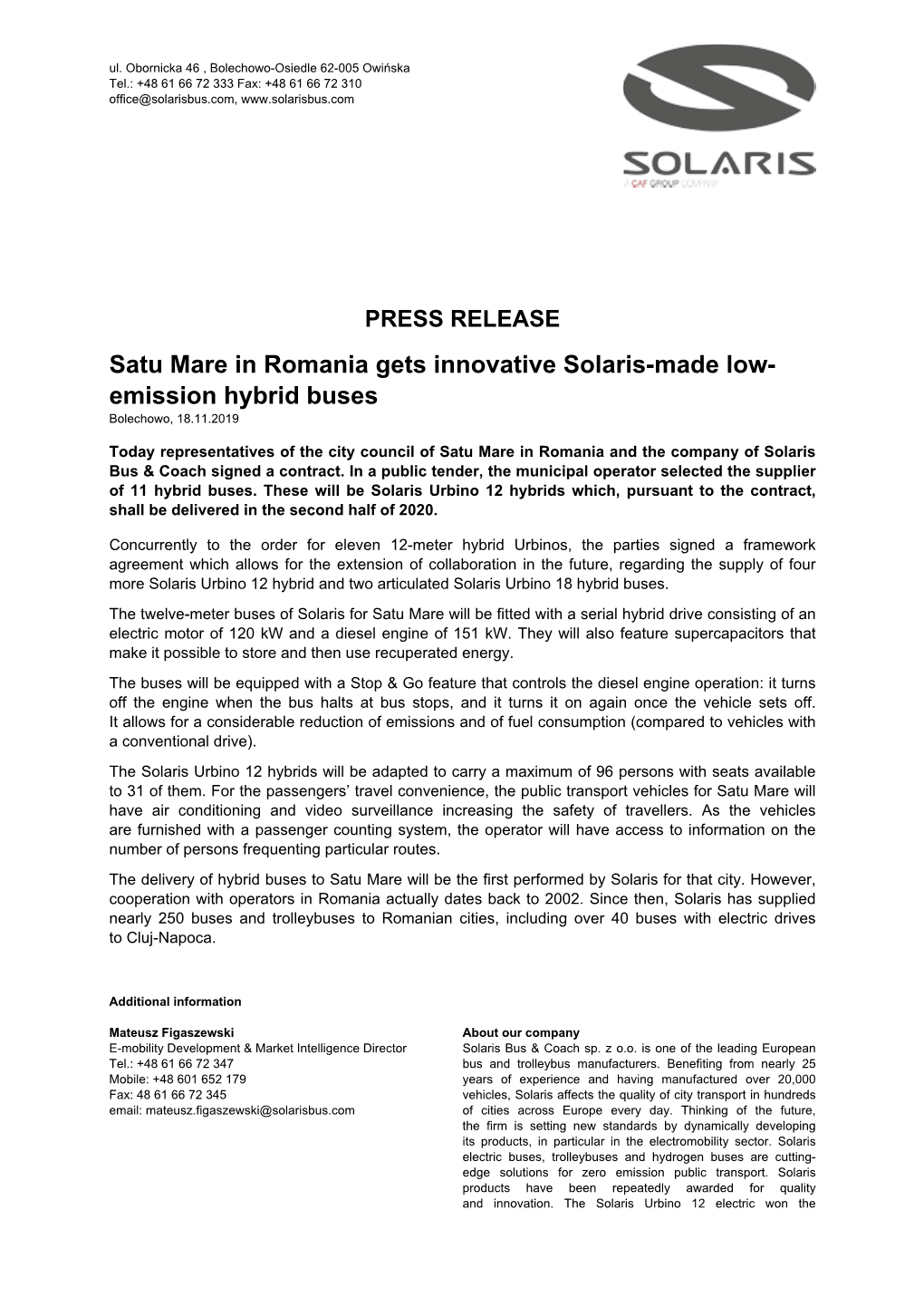 Satu Mare in Romania Gets Innovative Solaris-Made Low-Emission Hybrid