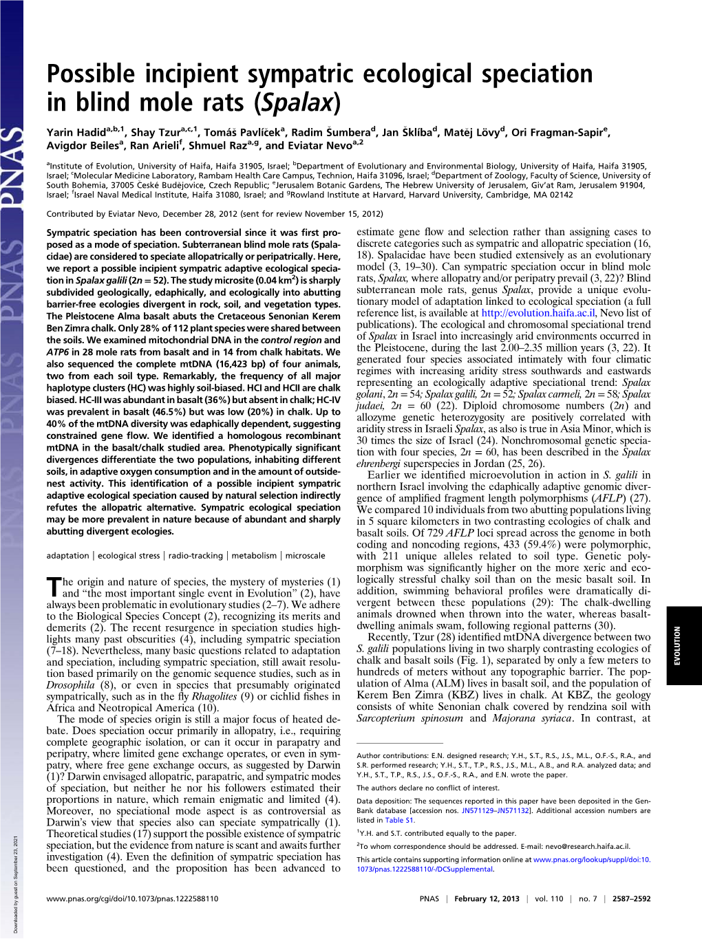 Possible Incipient Sympatric Ecological Speciation in Blind Mole Rats (Spalax)