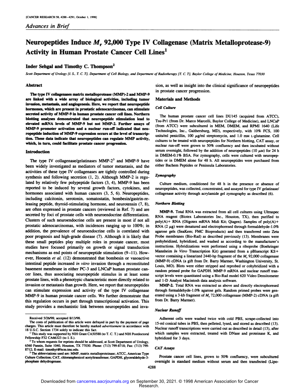 Neuropeptides Induce Mr 92,000 Type IV Collagenase (Matrix Metalloprotease-9) Activity in Human Prostate Cancer Cell Lines1