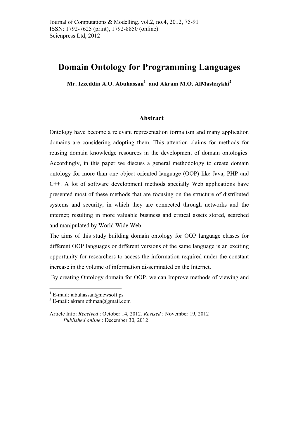 Domain Ontology for Programming Languages