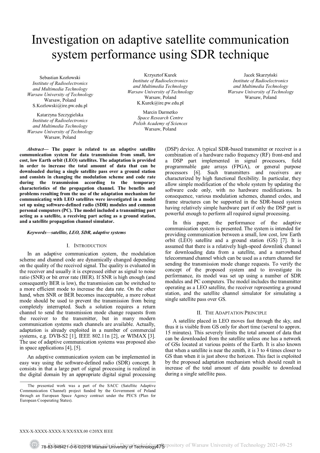 Investigation on Adaptive Satellite Communication System Performance Using SDR Technique