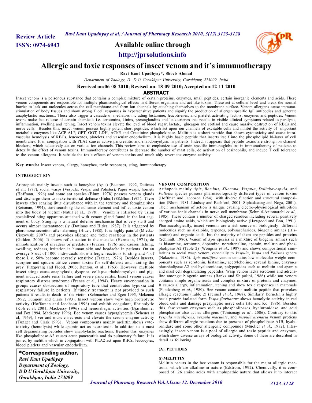 Allergic and Toxic Responses of Insect Venom and It's Immunotherapy