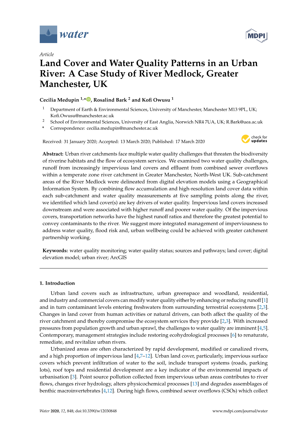 Land Cover and Water Quality Patterns in an Urban River: a Case Study of River Medlock, Greater Manchester, UK