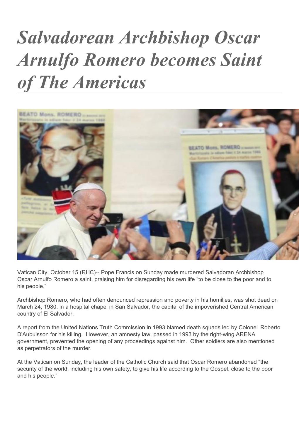 Salvadorean Archbishop Oscar Arnulfo Romero Becomes Saint of the Americas