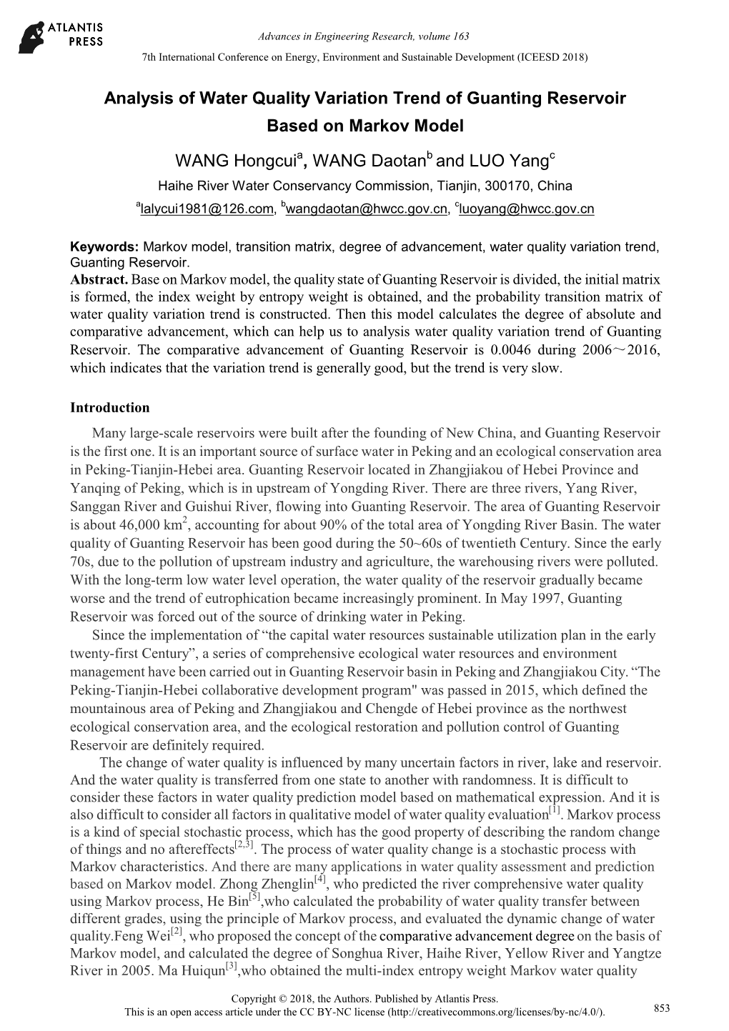 Analysis of Water Quality Variation Trend of Guanting Reservoir Based on Markov Model