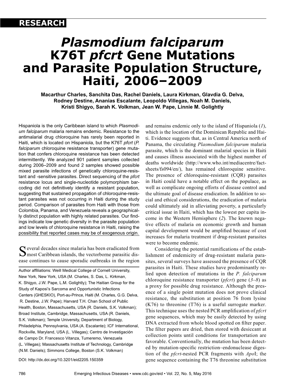 Plasmodium Falciparum K76T Pfcrt Gene Mutations and Parasite