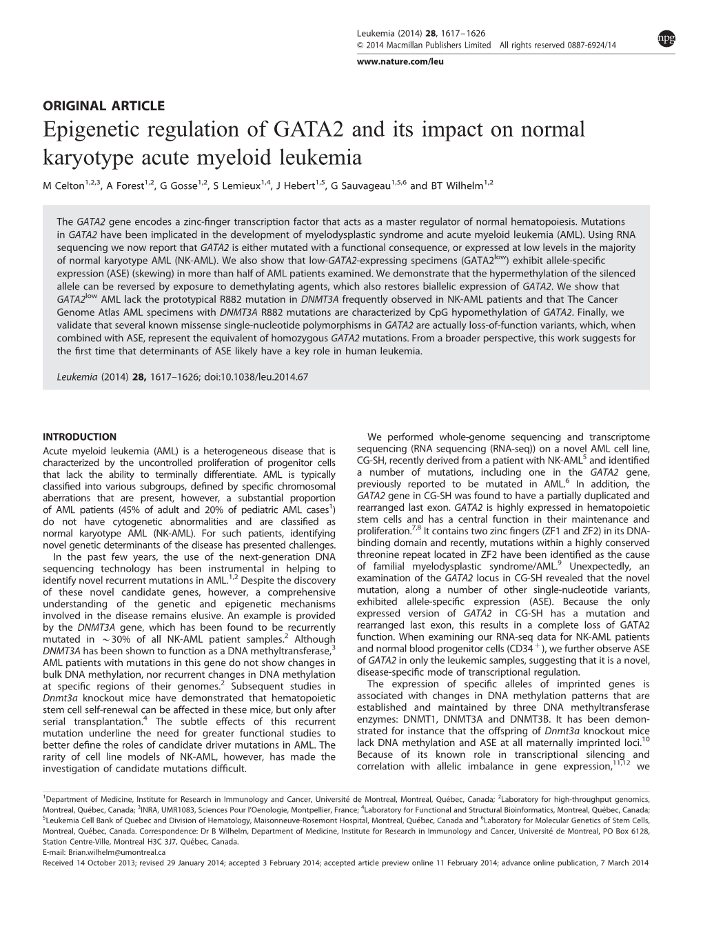 Epigenetic Regulation of GATA2 and Its Impact on Normal Karyotype Acute Myeloid Leukemia