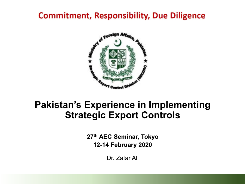 Pakistan's Experience in Implementing Strategic Export Controls