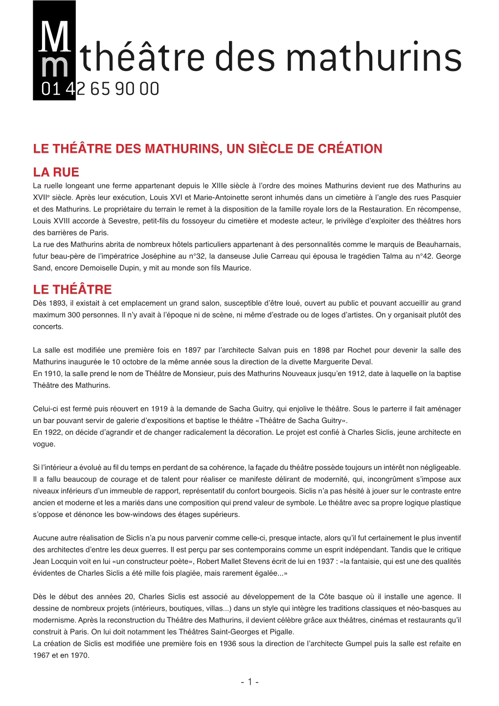 Le Théâtre Des Mathurins, Un Siècle De Création La