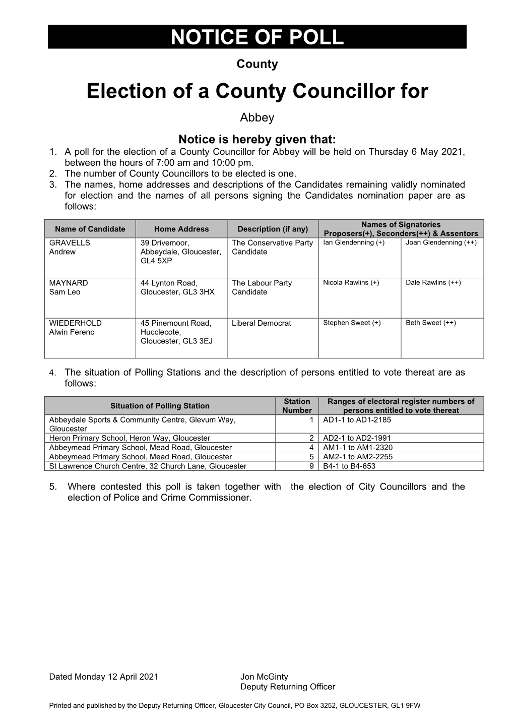 NOTICE of POLL Election of a County