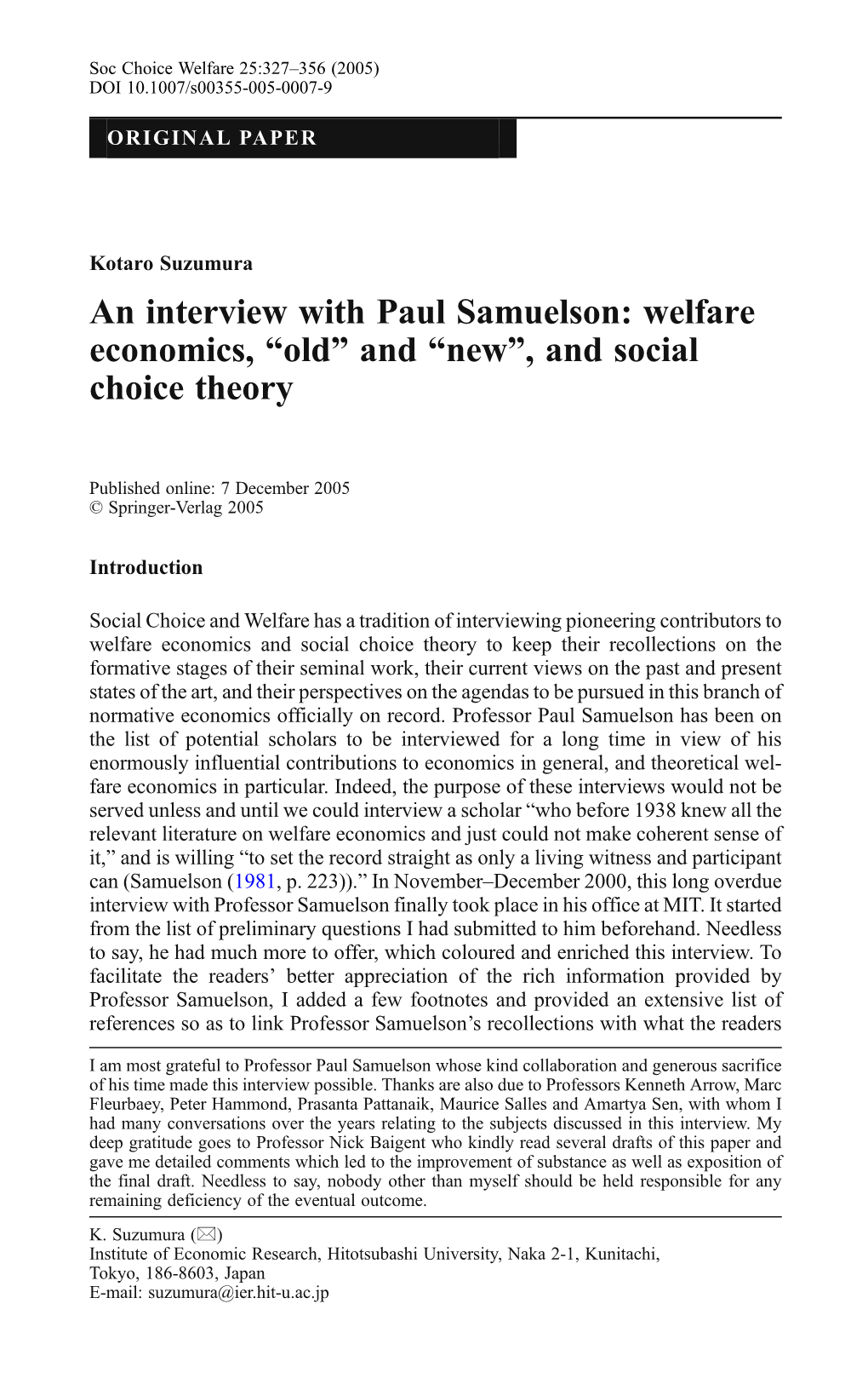 An Interview with Paul Samuelson: Welfare Economics, “Old” and “New”, and Social Choice Theory