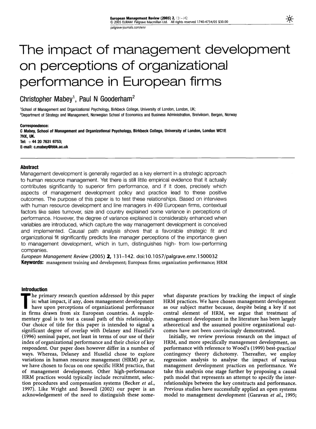 The Impact of Management Development on Perceptions of Organizational Performance in European Firms Christopher Mabey', Paul N Gooderham2