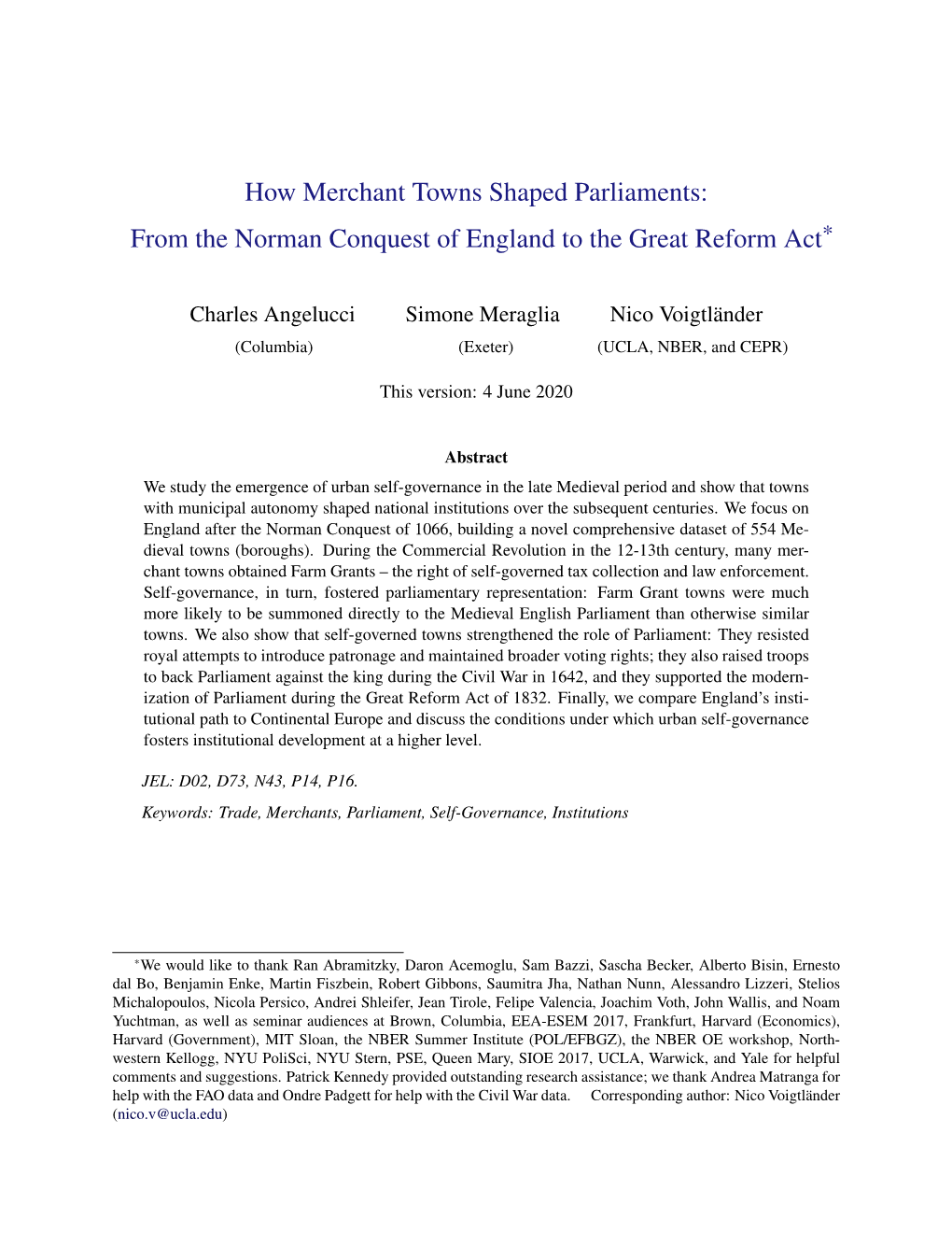 How Merchant Towns Shaped Parliaments: from the Norman Conquest of England to the Great Reform Act*