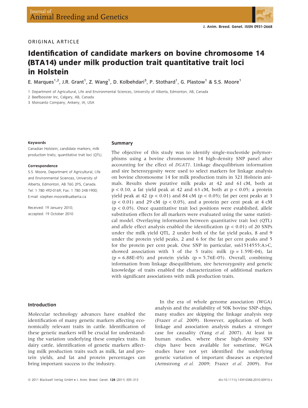 Identification of Candidate Markers on Bovine Chromosome 14 (BTA14