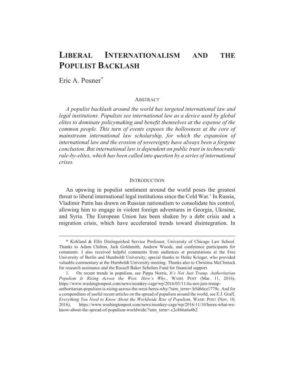 LIBERAL INTERNATIONALISM and the POPULIST BACKLASH Eric A