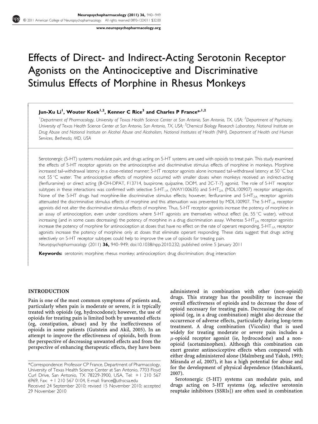 And Indirect-Acting Serotonin Receptor Agonists on the Antinociceptive and Discriminative Stimulus Effects of Morphine in Rhesus Monkeys