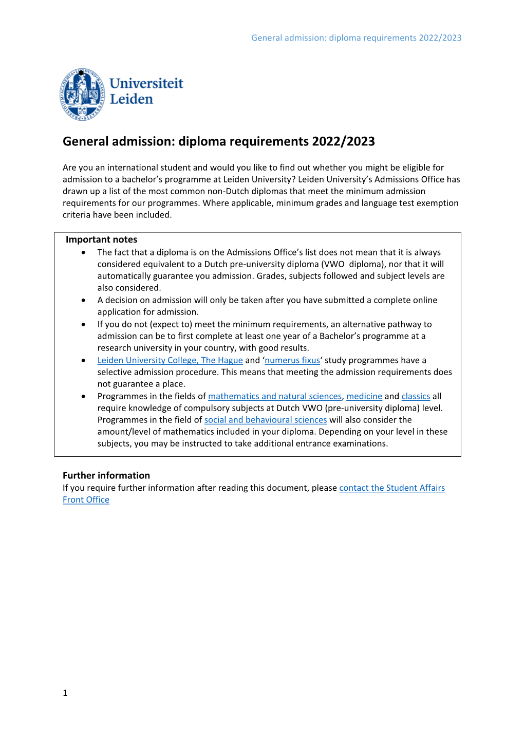 General Admission: Diploma Requirements 2021/2022