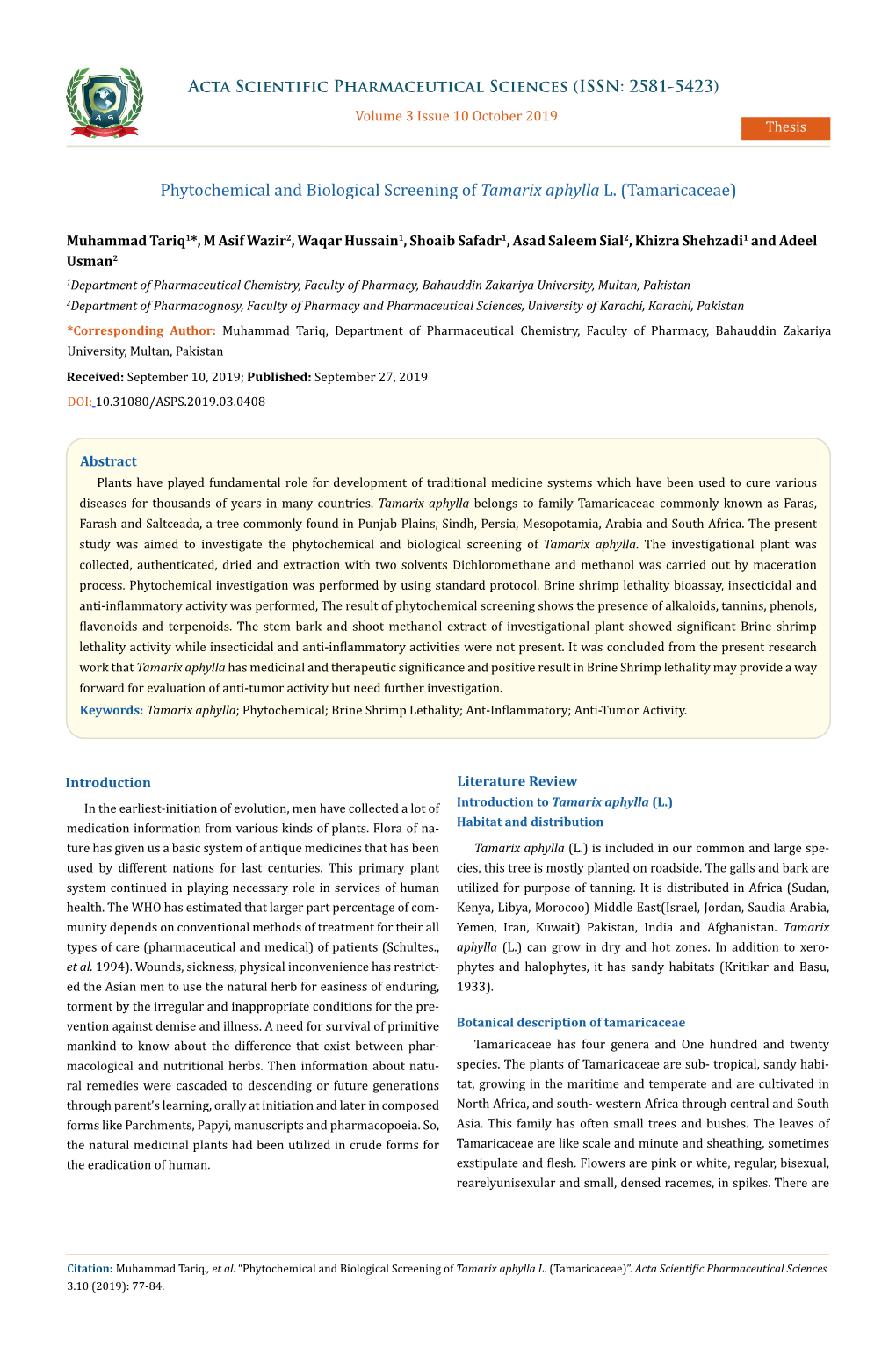 Phytochemical and Biological Screening of Tamarix Aphylla L