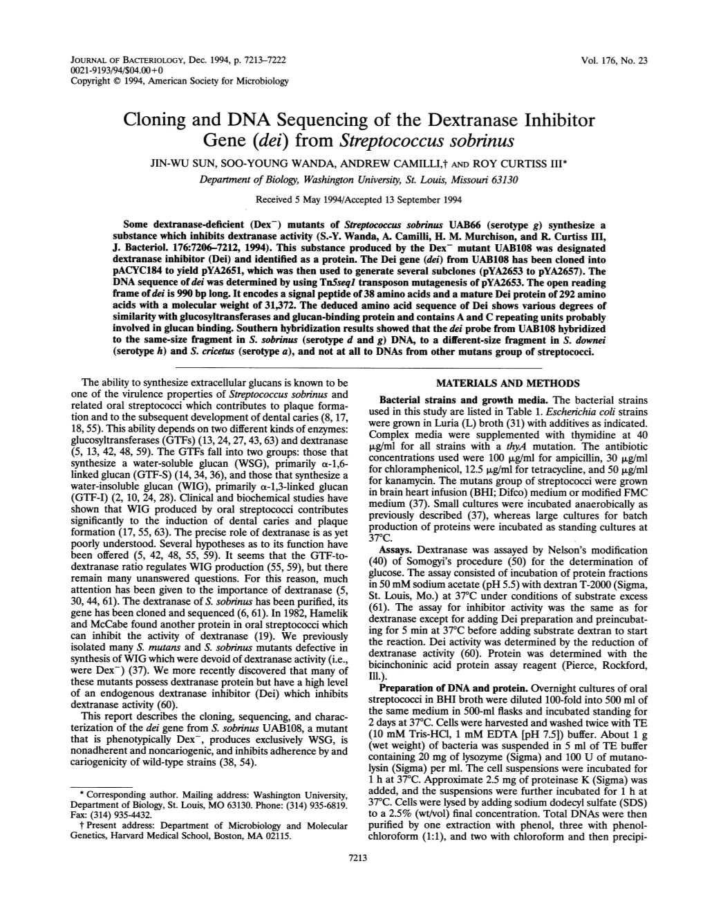 Cloning and DNA Sequencing of the Dextranase Inhibitor Gene (Dei) From