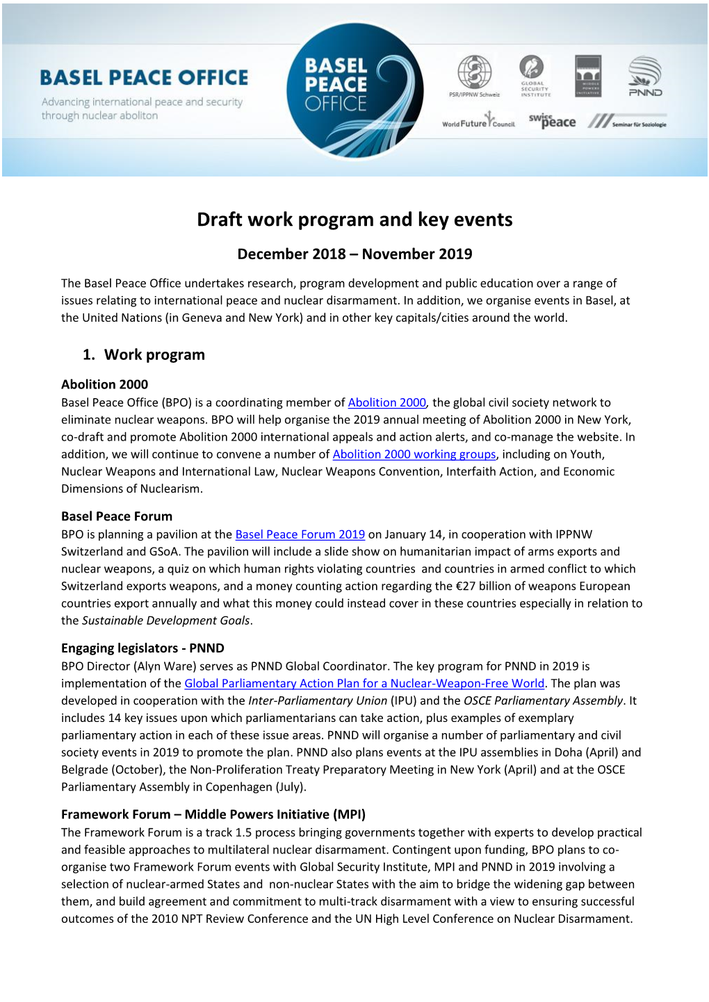 Draft Work Program and Key Events December 2018 – November 2019
