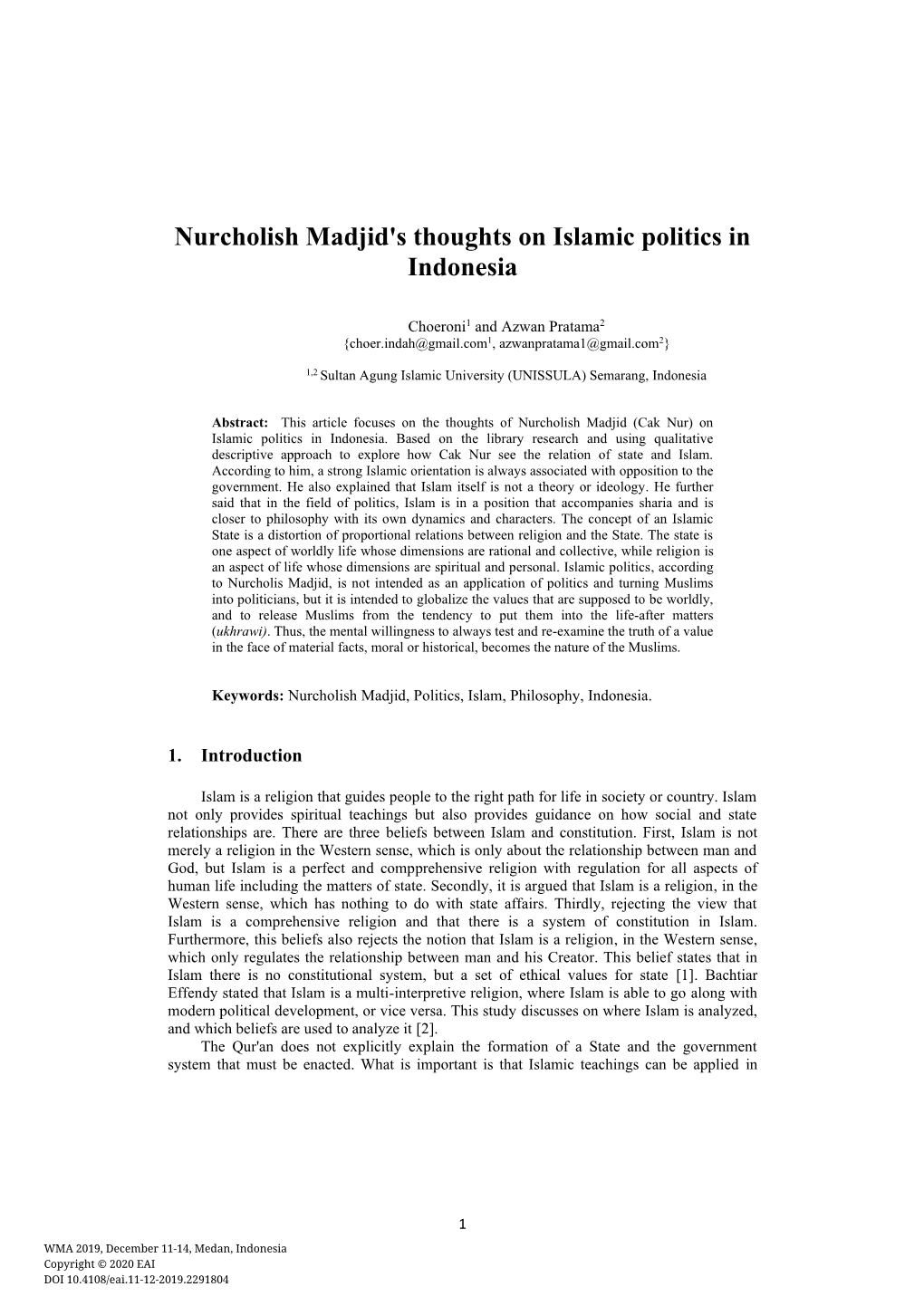 Nurcholish Madjid's Thoughts on Islamic Politics in Indonesia