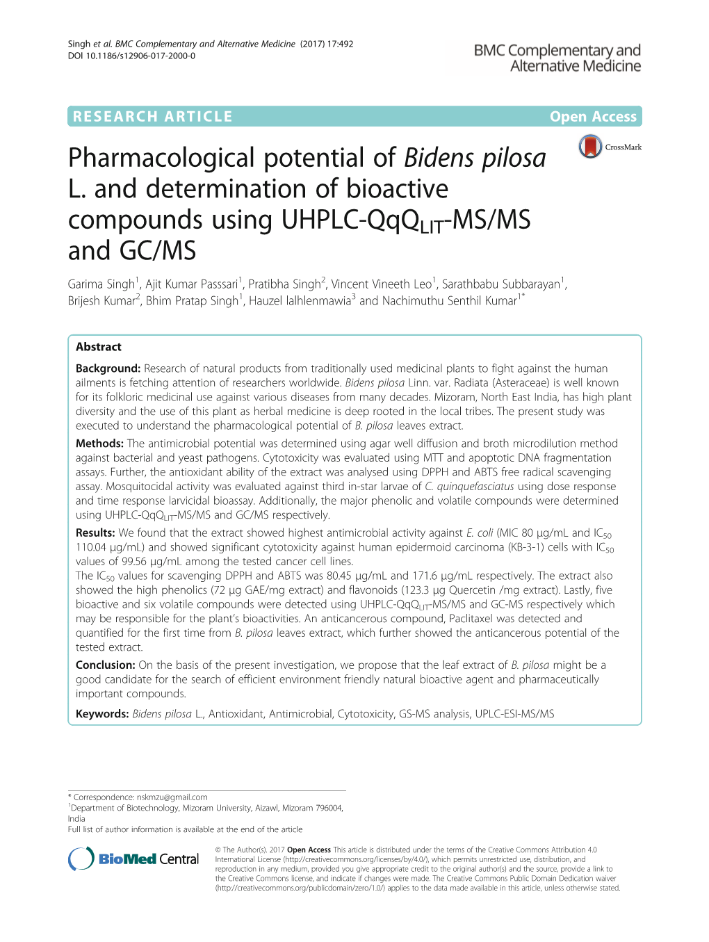 Pharmacological Potential of Bidens Pilosa L. and Determination Of