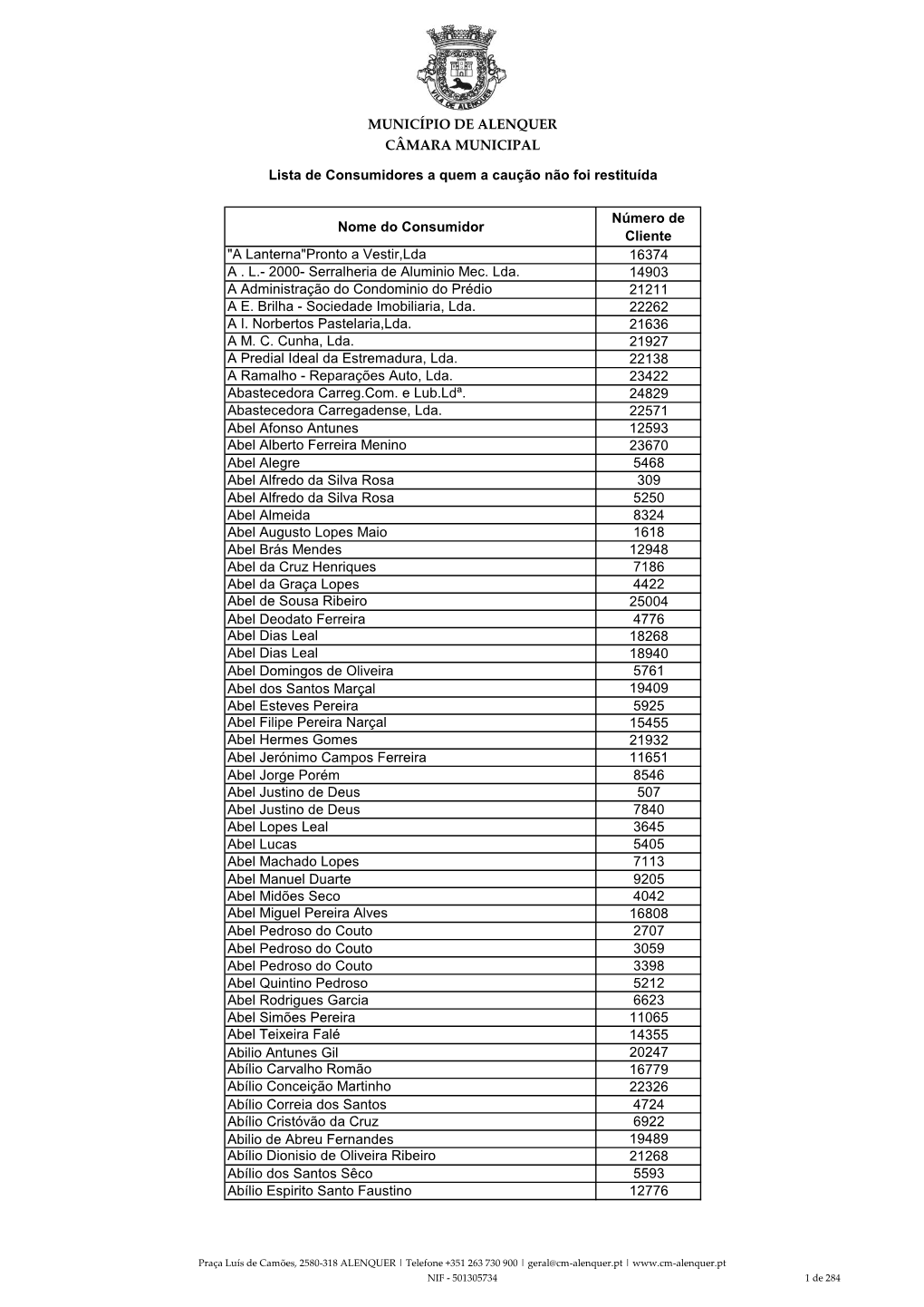 MUNICÍPIO DE ALENQUER CÂMARA MUNICIPAL Lista De