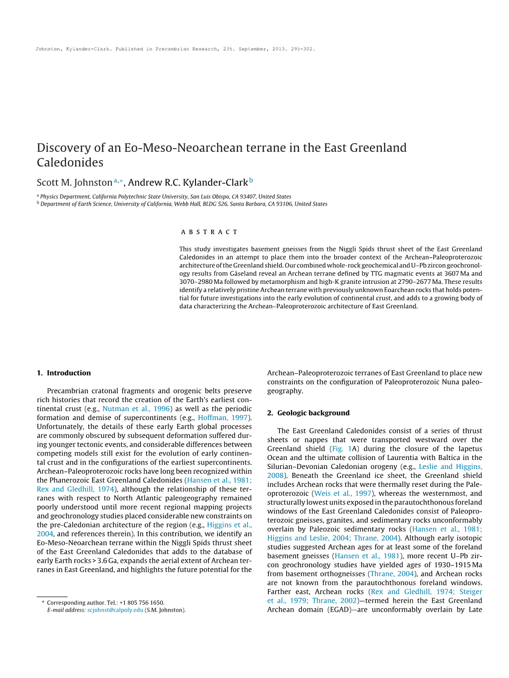 Discovery of an Eo-Meso-Neoarchean Terrane in the East Greenland Caledonides