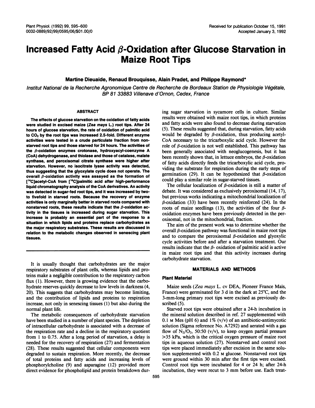 Increased Fatty Acid A-Oxidation After Glucose Starvation in Maize Root Tips