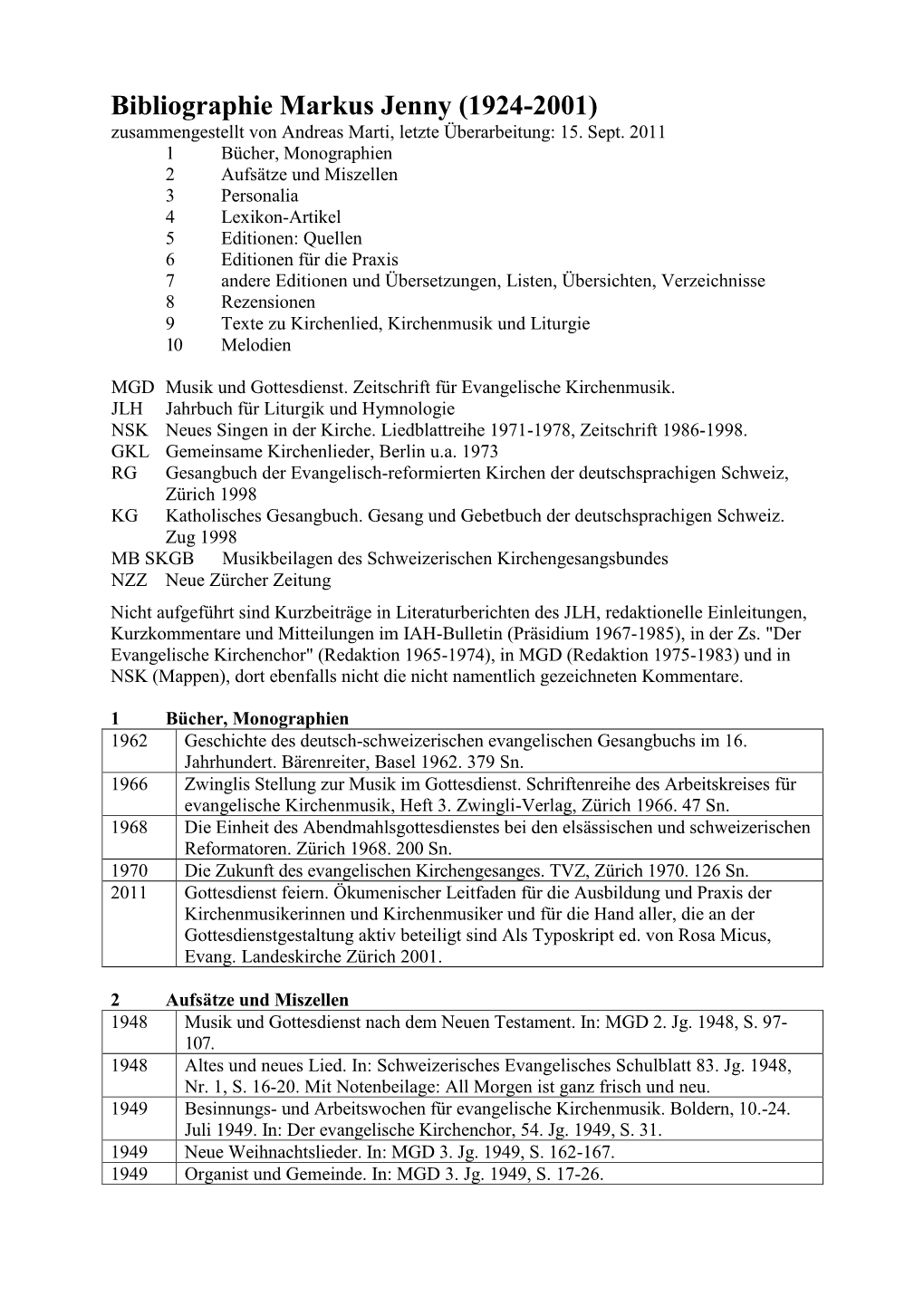 Bibliographie Markus Jenny (1924-2001) Zusammengestellt Von Andreas Marti, Letzte Überarbeitung: 15