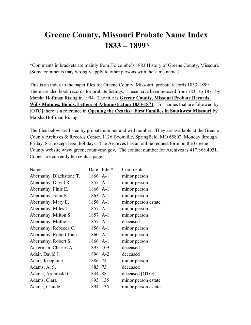 Greene County, Missouri Probate Name Index 1833 – 1899*