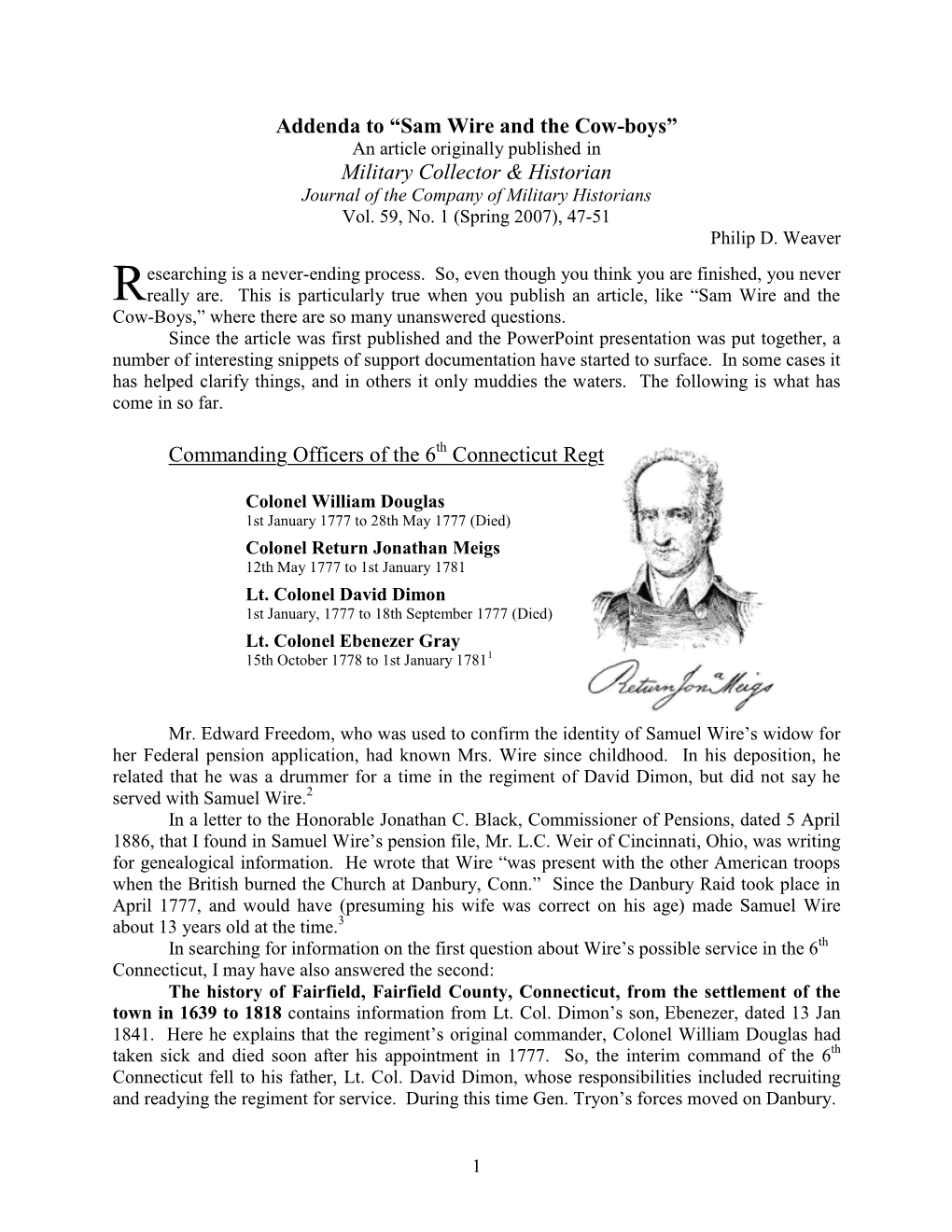 Sam Wire and the Cow-Boys” an Article Originally Published in Military Collector & Historian Journal of the Company of Military Historians Vol