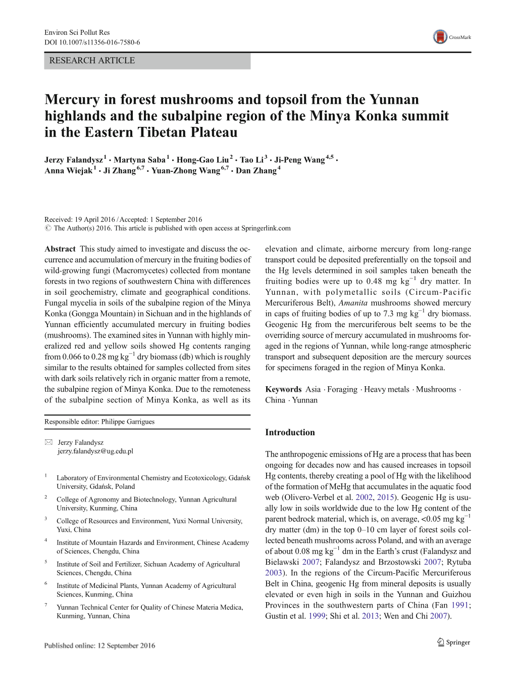 Mercury in Forest Mushrooms and Topsoil from the Yunnan Highlands and the Subalpine Region of the Minya Konka Summit in the Eastern Tibetan Plateau