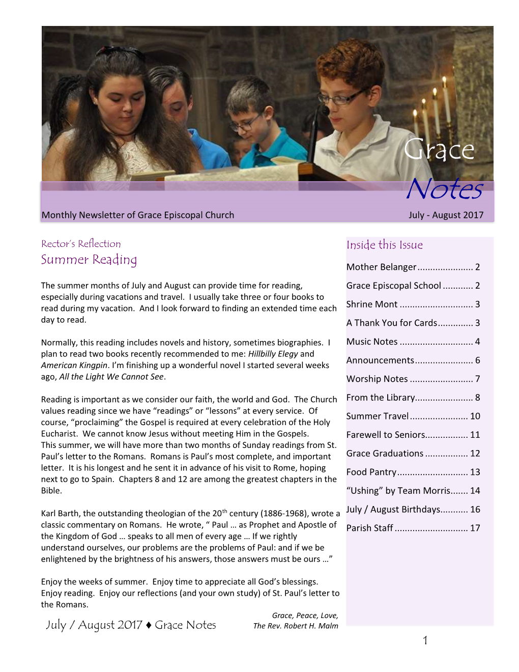 Grace Notes Monthly Newsletter of Grace Episcopal Church July - August 2017