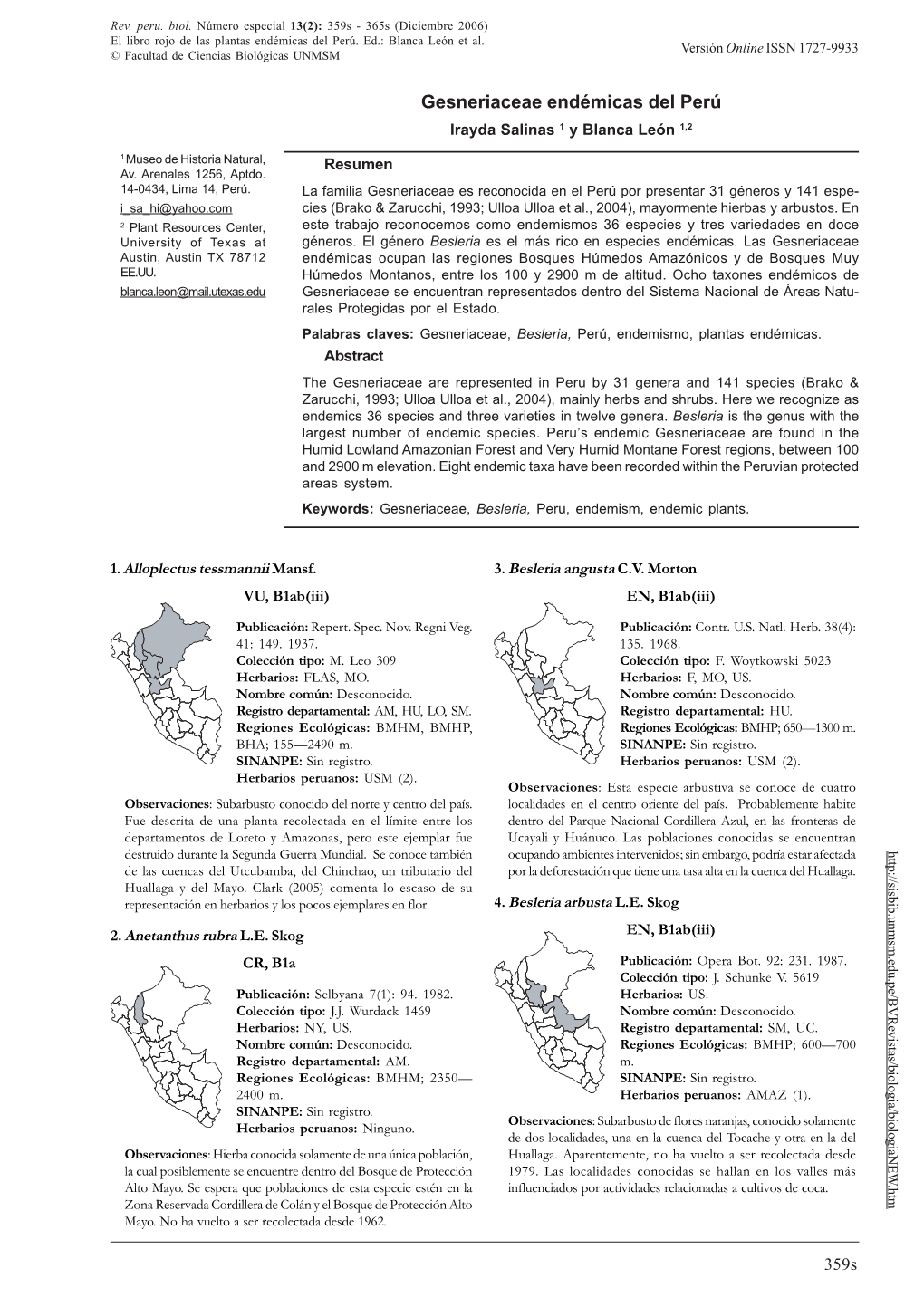 GESNERIACEAE ENDÉMICAS DEL PERÚ Versión Online ISSN 1727-9933 © Facultad De Ciencias Biológicas UNMSM