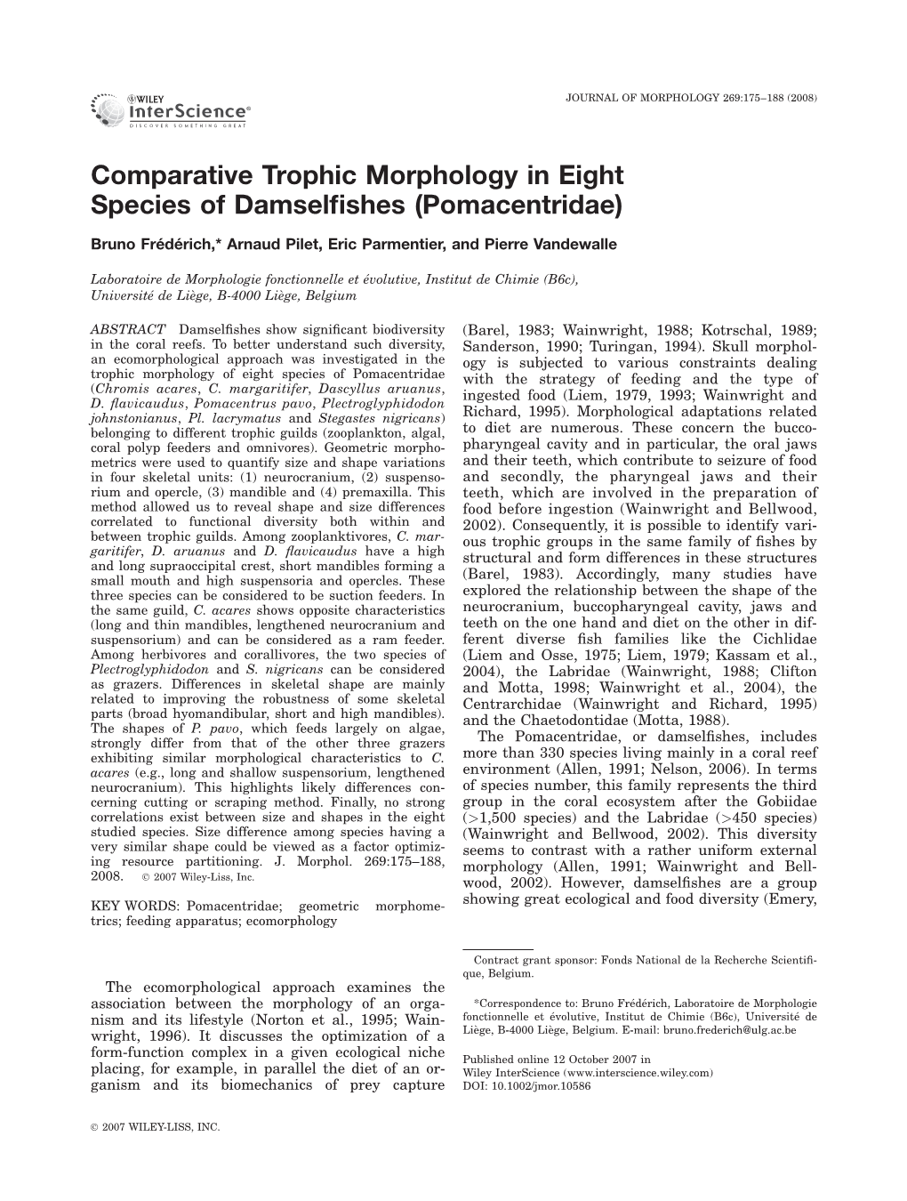 Comparative Trophic Morphology in Eight Species of Damselfishes