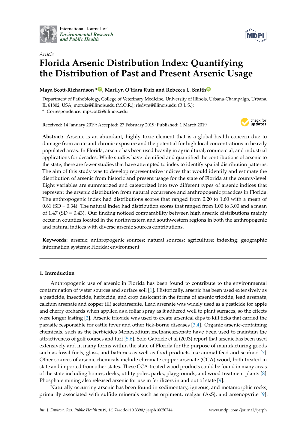 Florida Arsenic Distribution Index: Quantifying the Distribution of Past and Present Arsenic Usage