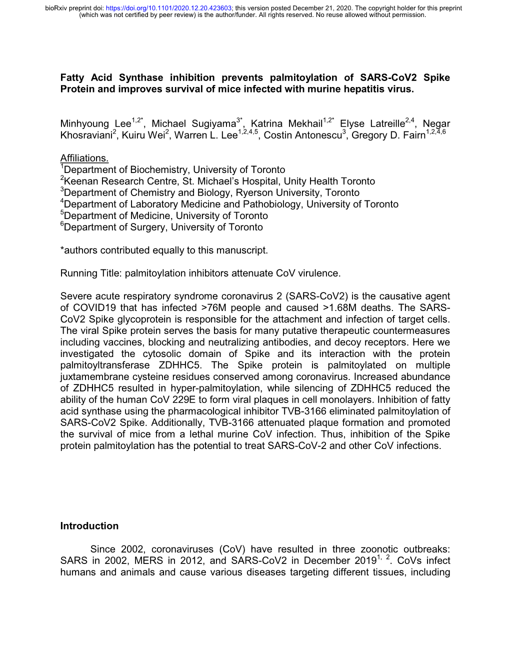 Fatty Acid Synthase Inhibition Prevents Palmitoylation of SARS-Cov2 Spike Protein and Improves Survival of Mice Infected with Murine Hepatitis Virus